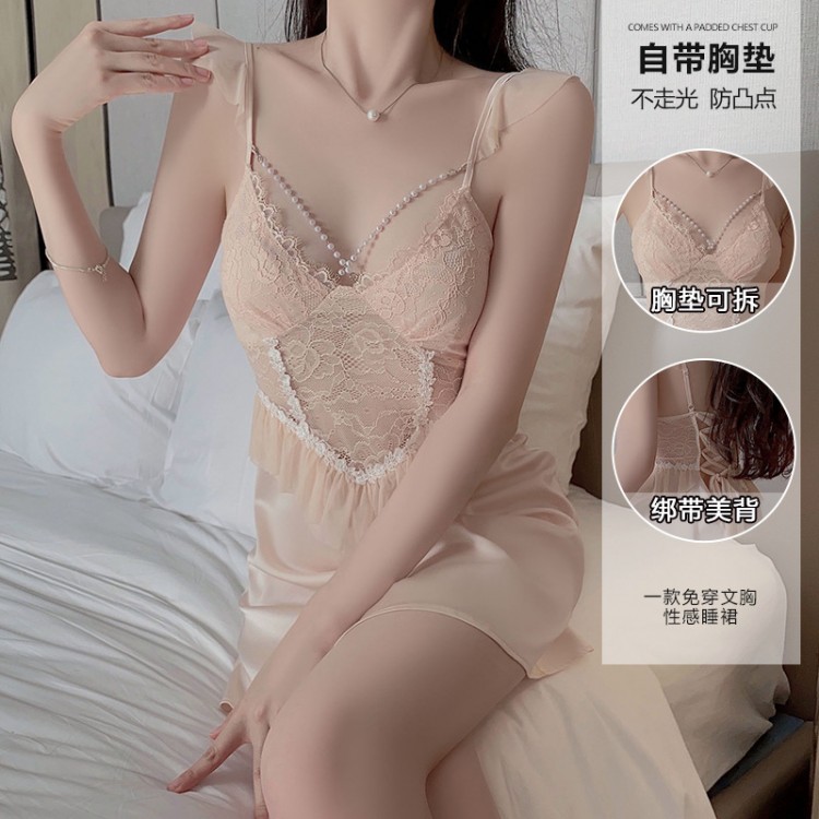 Guiruo Satin Deep V with Chest Cushion Pearl Chain Decoration Sexy Backless Lace up Temptation Flying Sleeves Home Sleeping Dress J3305