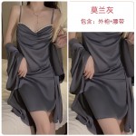 Guiruo Pure Desire Sweet Spicy Style Low Chest Swinging Collar with Chest Pads Waist Tie up Satin Nightgown Outer Robe Home Furnishing J3281