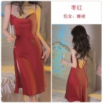 Guiruo New Sweet Silk Smooth Satin Open Back Strap Sleeping Dress Women's Mesh Outer Robe Home Suit Set 3430