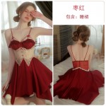 Guiruo Satin Mesh Perspective Lace Chest Cushion Sexy French Suspender Sleeping Dress Comfortable Robe Home Set 3141