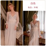 Guiruo Sexy Temptation Deep V Bow Lace and Chest Cushion Sleeping Dress Women's Comfortable Outer Robe Home Suit Set W2785