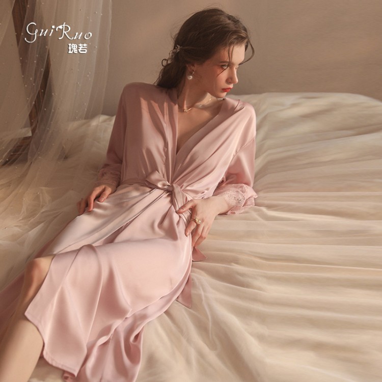 Guiruo brand sexy lace patchwork satin pajamas long robe women's home clothing set issued on behalf of 19960