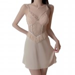 Guiruo Satin Deep V with Chest Cushion Pearl Chain Decoration Sexy Backless Lace up Temptation Flying Sleeves Home Sleeping Dress J3305