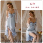 Guiruosi Smooth Satin Sexy Low cut Lace Hollow Collar and Chest Cushion Temperament Long Dress Robe Set J3426