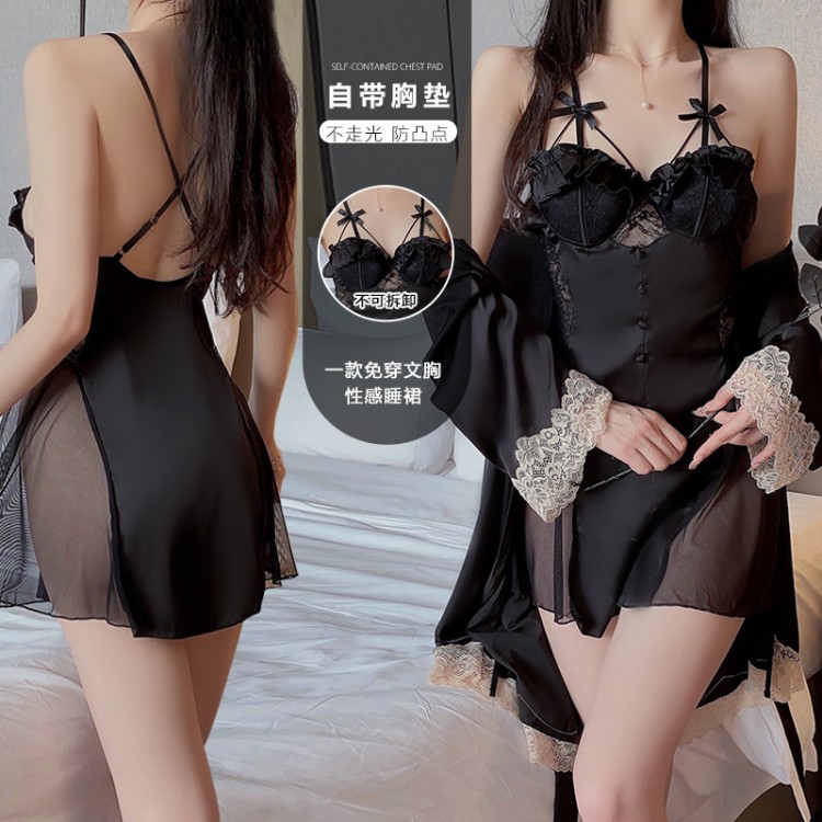 Guiruo Sexy Backless Temptation Large Size with Chest Pads Gathered Strap Sleeping Dress Outer Robe Women's Home Furnishing Set 2227