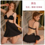 Guiruo Brand Sexy Satin Lace V-Neck with Chest Cushion Hollow Hanging Strap Sleeping Dress Outer Robe Home Suit Set 3431