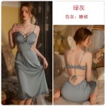 Guiruo Sexy Backless Long and Padded Pajamas with Ice Silk Hollow Suspended Sleepwear for Women's Home Fur Set J3212