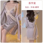 Guiruo Summer Ice Deep V Cross Lace with Chest Cushion Hanging Strap Sleeping Dress Lazy Outer Robe Home Suit Set 3789