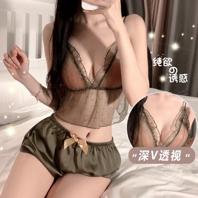 Rose Like Spring and Summer Fun Lingerie Sexy and Attractive Perspective Light and Thin Mesh Suspender Shorts Home Suit Set 19991