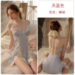 Ruo Ruo Comfortable Backless Temptation Thin Pure Lust Style Lace and Chest Pad Gathering Sleeping Skirt Outer Robe Home Set 2979