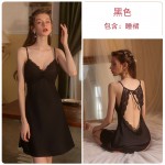 Guiruo Sexy Deep V Pure Lust Lace Ribbon Chest Cushion Casual Comfortable Sling Sleeping Dress Solid Color Home Suit Set 2621