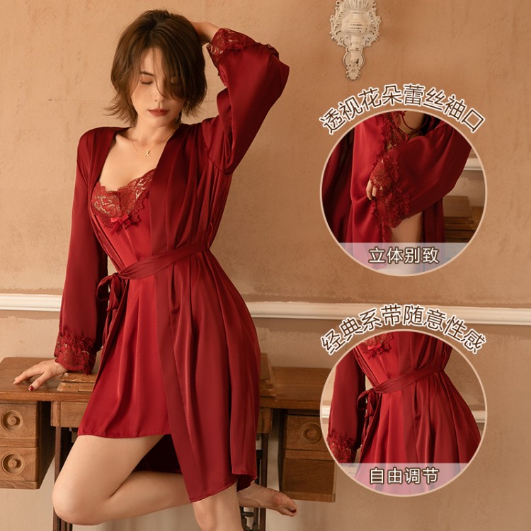 Guiruo Brand Satin Lace Pajamas Sexy Deep V Suspended Pajama Dress Lace up Pajama Bathrobe Home Suit Set 542