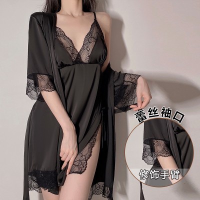 Guiruo Sexy Satin Lace Lace Pajamas Sexy Deep V Sling Pajama Dress Pajama Bathrobe Home Suit Set 245