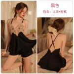 Rose like Spring and Summer Ice Silk Backless Temptation Lace Embroidery Hanging Strap Pajamas Lace up Outer Robe Women's Homewear Set 2196