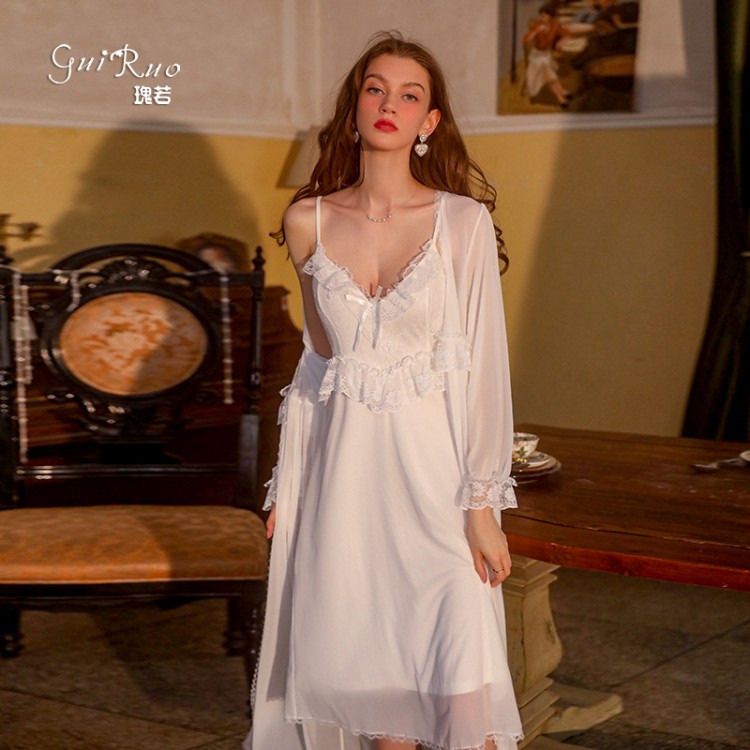 Guiruo Sexy Lace Nightgown Outer Robe Women's Strap Summer Ice Silk Backless Comfortable and Cool Home Suit Set 2070