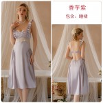 Ruo Ruo Solid Satin Lace Low Chest Gathered with Chest Pads to Show Thin and Sweet Flying Sleeves Sleeping Dress Home Suit 3341