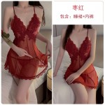 Ruo Ruo Sexy Deep V Mesh Perspective Embroidery Lace Cross Backless Women's Suspended Sleeping Dress Fun Set 1899