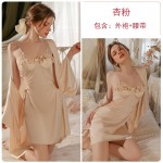 Ruo Ruo Solid Satin Deep V Low Chest Temptation Chest Cushion Waist Hollow out Hanging Strap Home Sleeping Dress Outrobe Set P3144