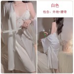 Guiruo Satin Slim Fit Perspective Mesh with Chest Pads Lace Deep V Temptation Sleeping Skirt Outer Robe Home Suit Set 3379