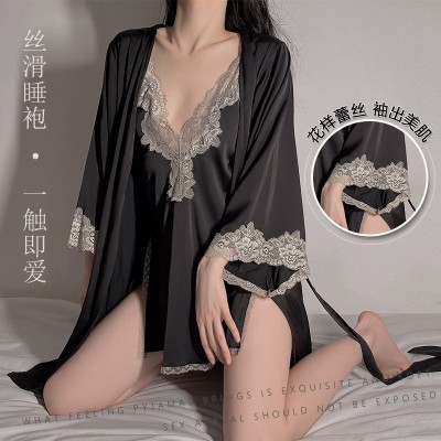 Guiruo Satin Lace Pajamas Hanging Pajamas Bride Gown Lace Bathrobe Home Furnishing Set Issued on behalf of 272