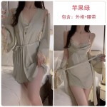 Guiruo Solid Satin Sexy High Split Stacked Collar Open Back Suspended Sleeping Dress Open Front Outer Robe Home Set 2063