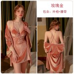 Guiruo Brand Sexy Velvet Lace Splice Home Chest Cushion Suspender Sleeping Dress Lace up Outer Robe Home Suit Set 2992