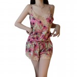 Guiruo Sexy Deep V Lace and Chest Cushion Open Back Seduction Satin Light Luxury Suspender Shorts Women's Pajama Set 3748