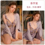 Guiruo Summer Sweet Satin Comfortable with Chest Pads Gathered Strap Sleeping Dress Outer Robe Women's Home Furnishing Set 3246