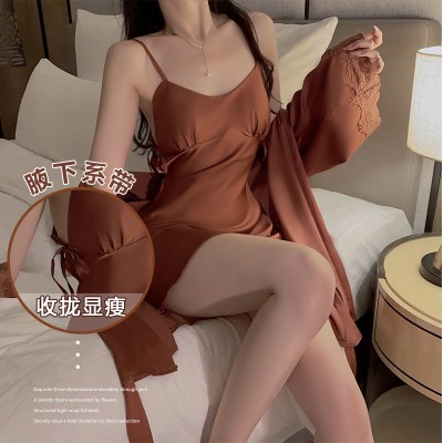 Guiruo Sexy Satin Face Chest Pleated and Folded to Show Large and Slim Fit, Open Back Suspended Sleeping Dress Outer Robe Set 1517