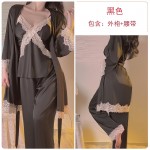 Guiruo Sexy Deep V Plus Chest Cushion Suspender Top Long Pants Outer Robe Three Piece Comfortable Pure Lust Home Suit Set