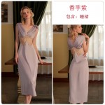 Guiruo French Romantic Sexy Deep V Satin Lace Waist Slim Women's Home Long Sleeping Dress Set Q2745