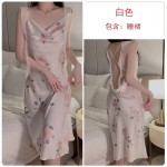 Guiruo Sexy Printed Ice Silk Pajama Swinging Neck Large Open Back Pure Desire Wind Suspended Sleeping Dress Home Suit Set 3858