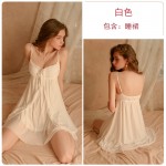 Qiruo Brand Autumn and Winter Sexy Mesh Perspective Chest Cushion Suspender Sleeping Dress Lace up Nightgown Women's Home Furnishing Set 1256