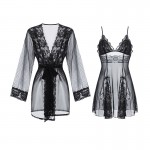 Guiruo Fun Lingerie Sexy Deep V Lace Perspective Temptation Sling Sleeping Dress Open Back Outer Robe Uniform Set 2107