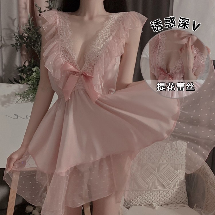 Ruo Ruo Sweet Casual Pajamas Open Back Temptation Wave Dot Mesh Sling Sleepwear Women's Cute Home Furnishing Set 730