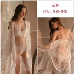 Guiruo Brand Spring/Summer Sexy Lace Perspective Temptation Pajamas Three Point Lace up Pajamas Morning Robe Women's Home Furnishing Set