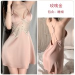 Rose like Sweet Lace Perspective Temptation with Chest Cushion Pajamas Gather Open Back Suspended Sleeping Dress Home Suit Set 2403