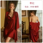 Guiruo Fun Lingerie Sexy Slim Fit Pajamas Open Back Solid Color Hanging Pajama Dress Lace up Outer Robe Women's Home Furnishing Set