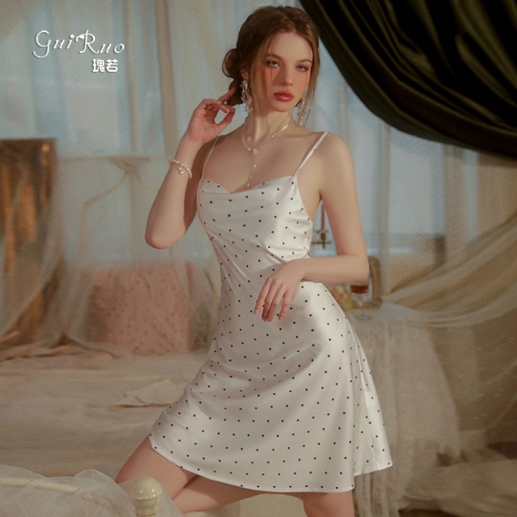 Guiruo Brand Sweet and Cute Style Solid Color Wave Dotted Satin Sexy Open Back Strap Home Women's Sleeping Dress Set 3296