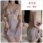 Guiruo Sexy Backless Temptation Ice Silk and Chest Cushion Gather Lace Suspender Sleeping Dress Outer Robe Home Set P3216