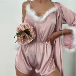 Guiruo European and American Satin Deep V Sexy Open Back Suspender One Piece Dress Lace up Outer Robe Home Furnishing Set Foreign Trade 9174