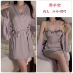 Guiruo Satin Low Chest Gathering with Chest Cushion Sexy Open Back Hollow out Drawstring Nightgown Outer Robe Home Set P3144