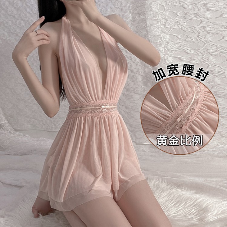 Guiruo Fun Underwear Deep V Open Front Sexy Open Back Perspective Mesh Skirt Hanging Neck Sleeping Dress Home Suit 630