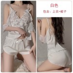 Guiruo brand sexy off shoulder deep V alluring satin embroidery lace suspender pajama shorts home set 19647