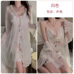 Guiruo Sexy Swinging Collar Flower Print Satin Open Back Suspended Sleeping Dress Mesh Outer Robe Women's Home Set 3780