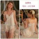 Guiruo Solid Satin Mesh Splice Deep V Temptation Backless Simple Comfortable Suspender Top and Shorts Set 3566