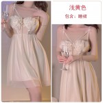 Guiruo Sexy Low Chest Perspective Lace and Chest Cushion Waist Closed Back Mesh Sleeping Dress Outer Robe Home Suit Set 3546