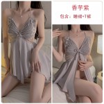 Rose like Sweet Perspective Bow Knot with Chest Cushion Sexy Open Front Hollow Out Pure Desire Satin Sling Home Sleeping Dress 3743