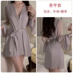 Ruo Ruo Sweet Lace Deep V with Chest Pads Sexy Open Back Silk Smooth Satin Nightgown Outer Robe Home Suit Set 1170