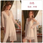 Guiruo Pajamas Women's Lace Open Back Sexy V-neck with Chest Pads Long Nightgown Outer Robe Home Suit Set 2241